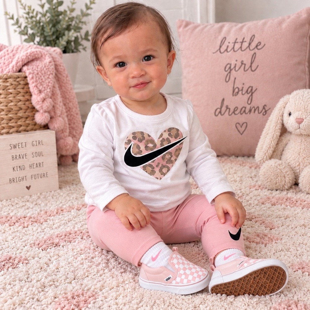 Nike Baby Girl Outfit 6M Pink Leopard Heart + Vans Crib Shoes Size 2